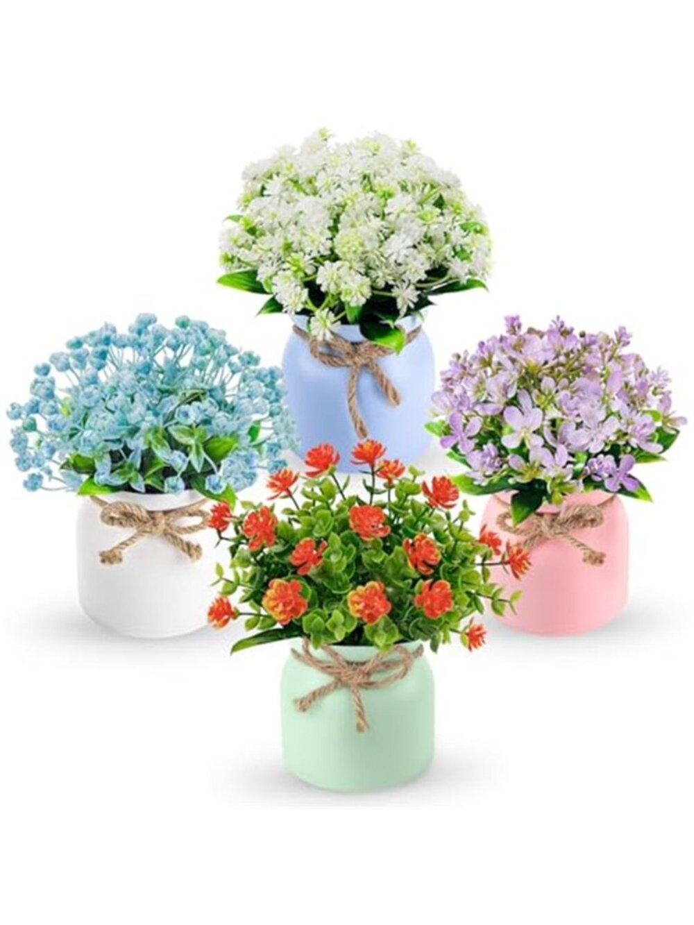 Set Of 4 Artificial Potted Plants Faux Flowers Farmhouse Desk Home Decor Color